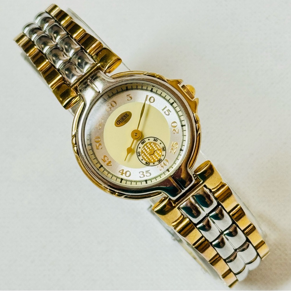 Vintage GUESS Art Deco Women's Small Seconds Watch Two Tone Silver Gold 1995